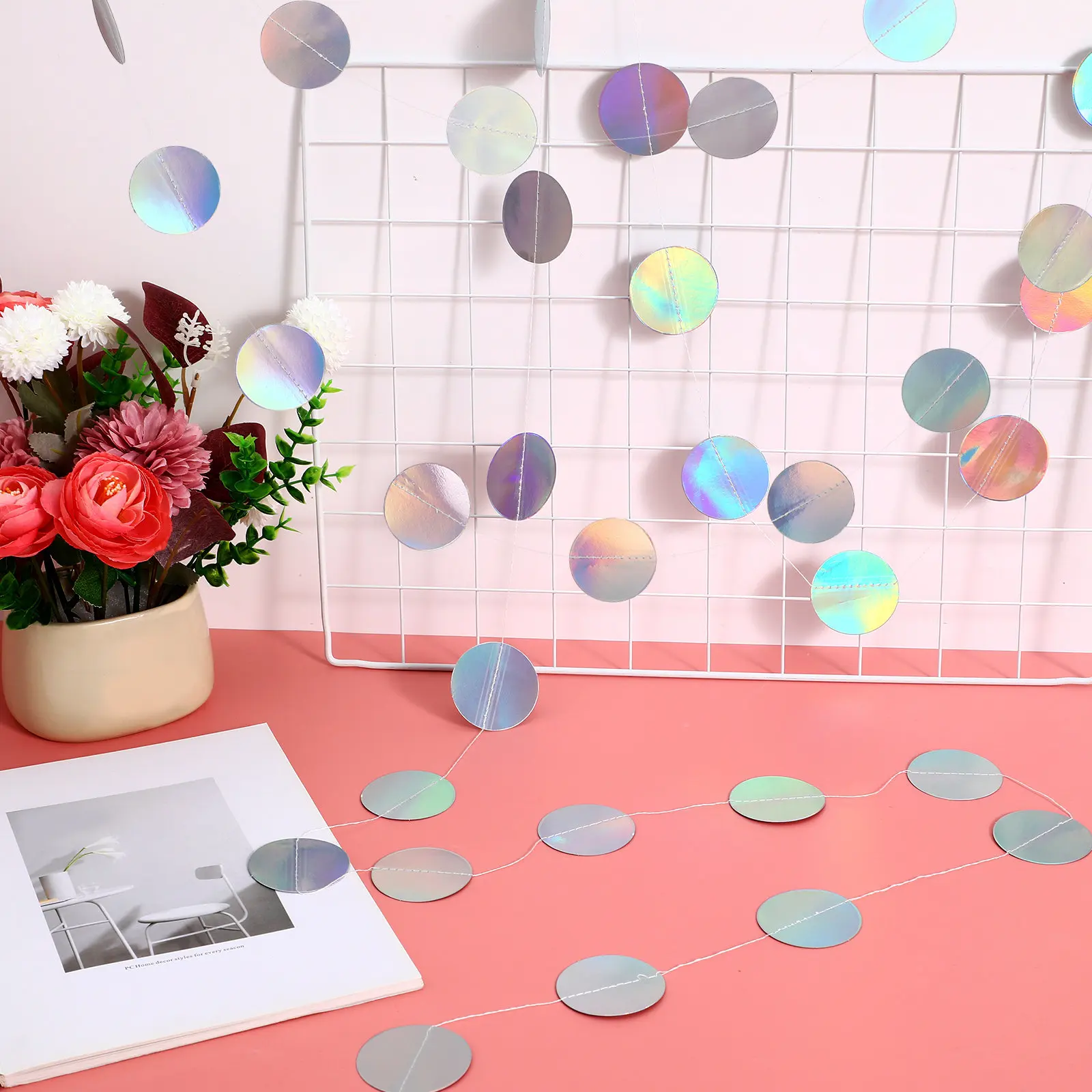 

5Pcs Iridescent Circle Dot Garland Glitter Paper Dot Decorations Birthday Party Disco Hanging Streamers Backdrop