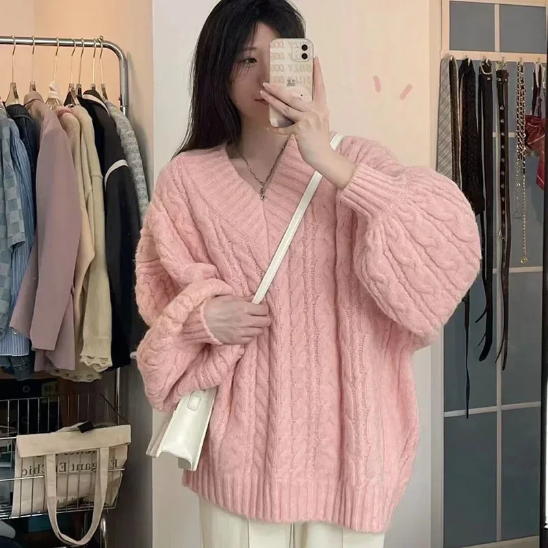 Women Sweater Harajuku Oversized Long Sleeve V Neck Knitted Pullover Korean Loose Solid Preppy All Match Jumper Autumn Winter