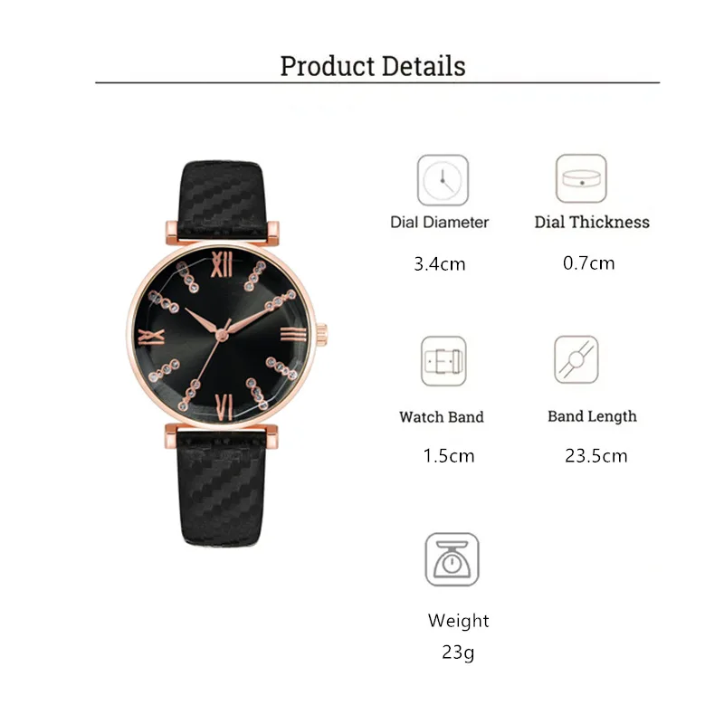 Conjunto de 2 piezas de estilo superior para Mujer, Reloj de pulsera analógico de cuarzo con correa de cuero de lujo, a la moda, color negro