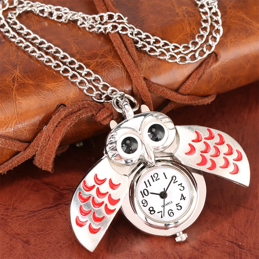 Tiny Cute Bronze/Silver Vintage Night Owl Quartz Pocket Watch Necklace Pendant Clock Gift for Kids Women