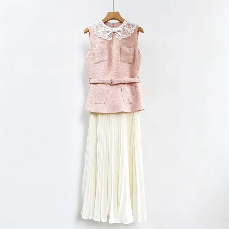 Women's tailored tweed dress, round-neck sleeveless color-blocked maxi dress, high-quality formal gown, 2026, new style, Y2K