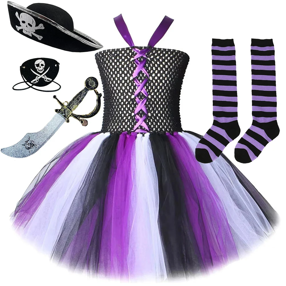 

Girls Captain Pirate Costume for Kids Carnival Halloween Fancy Tutu Dress Children Disguise Outfit with Eye Patch Hat Knife 12T