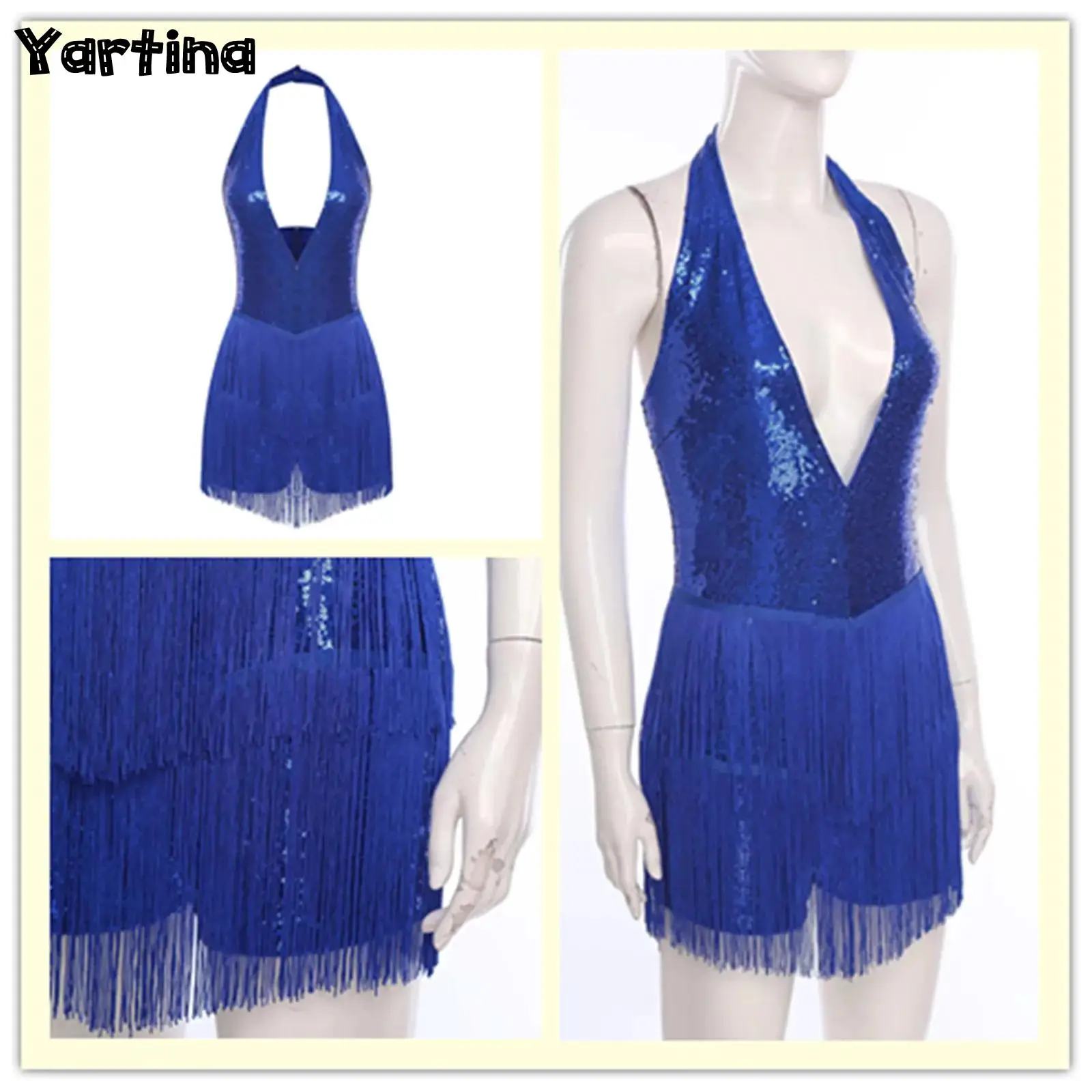 

Womens Halter Plunging V-neck Tassel Fringe Jumpsuit Glittery Sequin Bodysuit Rompers Tiered Playsuit Disco Party Dance Clubwear