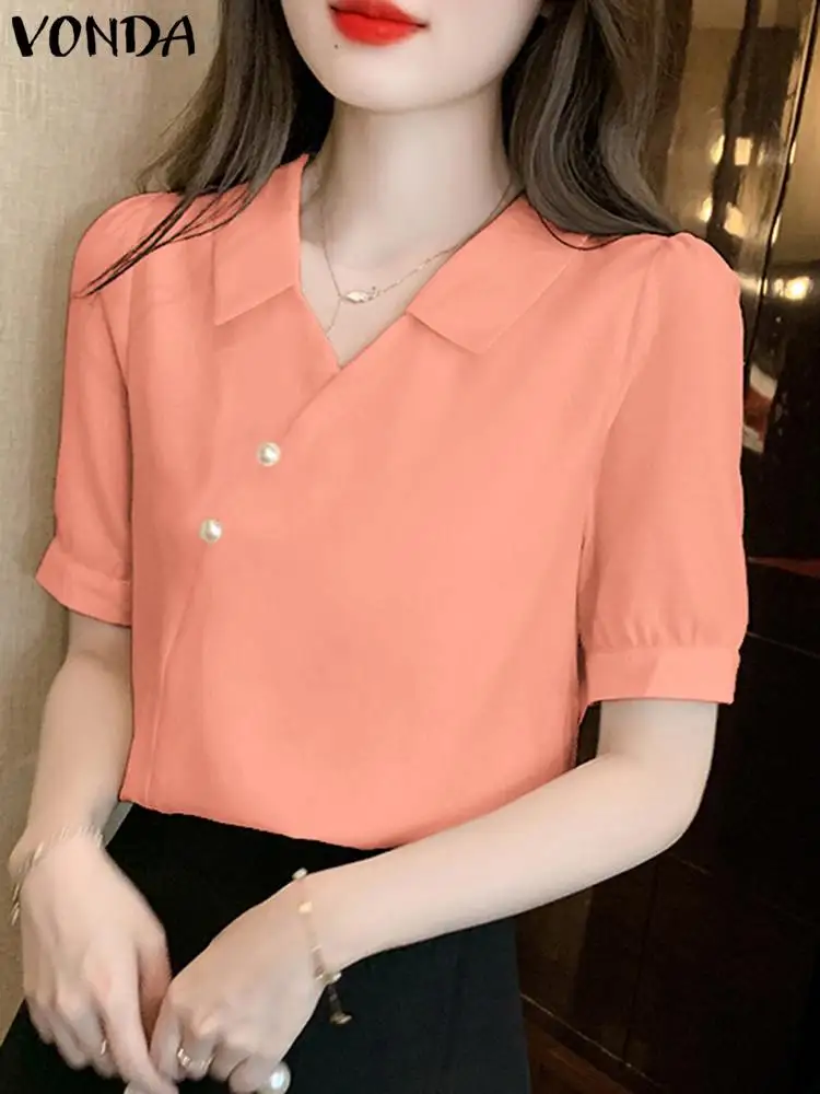 Women Summer Blouses Elegant Solid Color Shirts VONDA 2024 Short Puff Sleeve Lapel Casual Tunic Tops Fashion Blusas Femininas