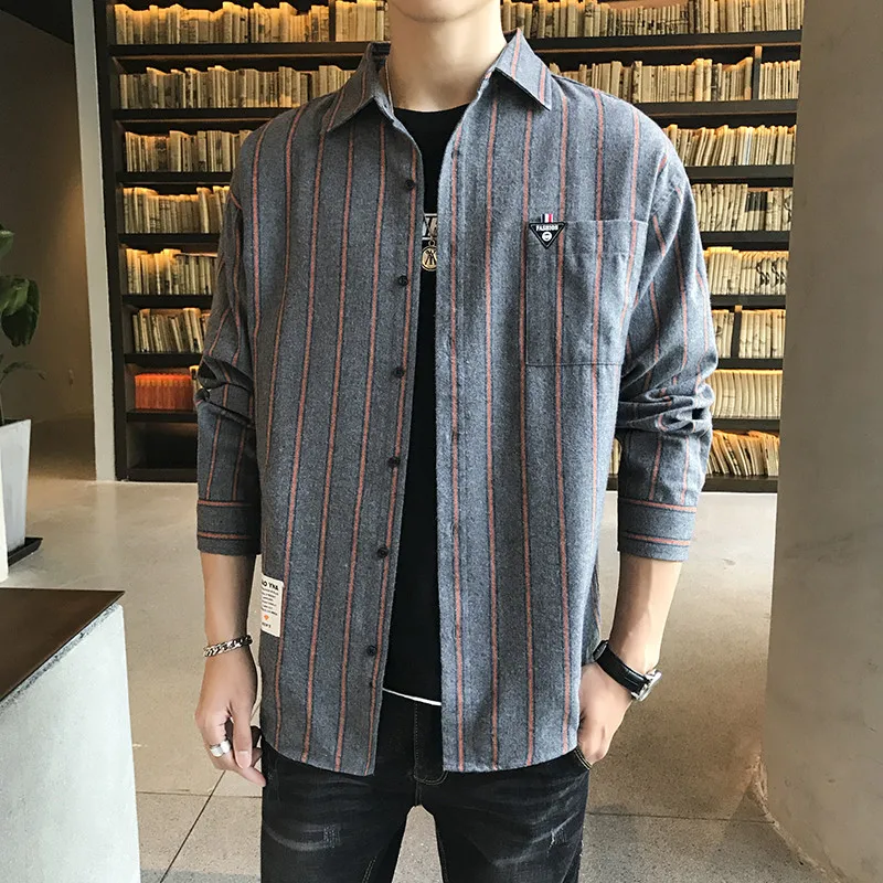Men's Spring Autumn Turn-down Collar Button Pocket Letter Striped Blocked Long Sleeve Cardigan Shirt Coats Fashion Casual Tops
