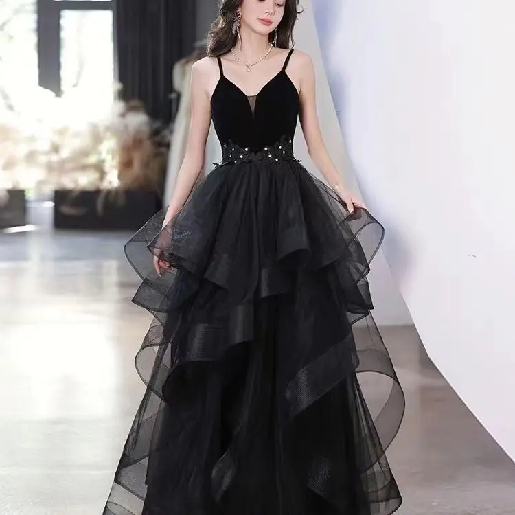 Women Elegant Party Tulle Dresses for Women Fluffy Spaghetti Strap Black Birthday Dress Long One-piece Dress Gown