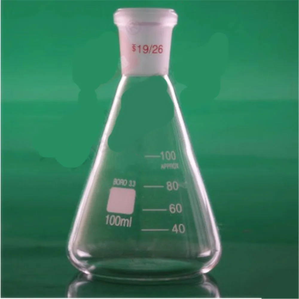Frasco Erlenmeyer de vidrio de borosilicato 3.3 de alta resistencia, 100 ml, 19/26, recipiente cónico, suministros de vidrio para laboratorio