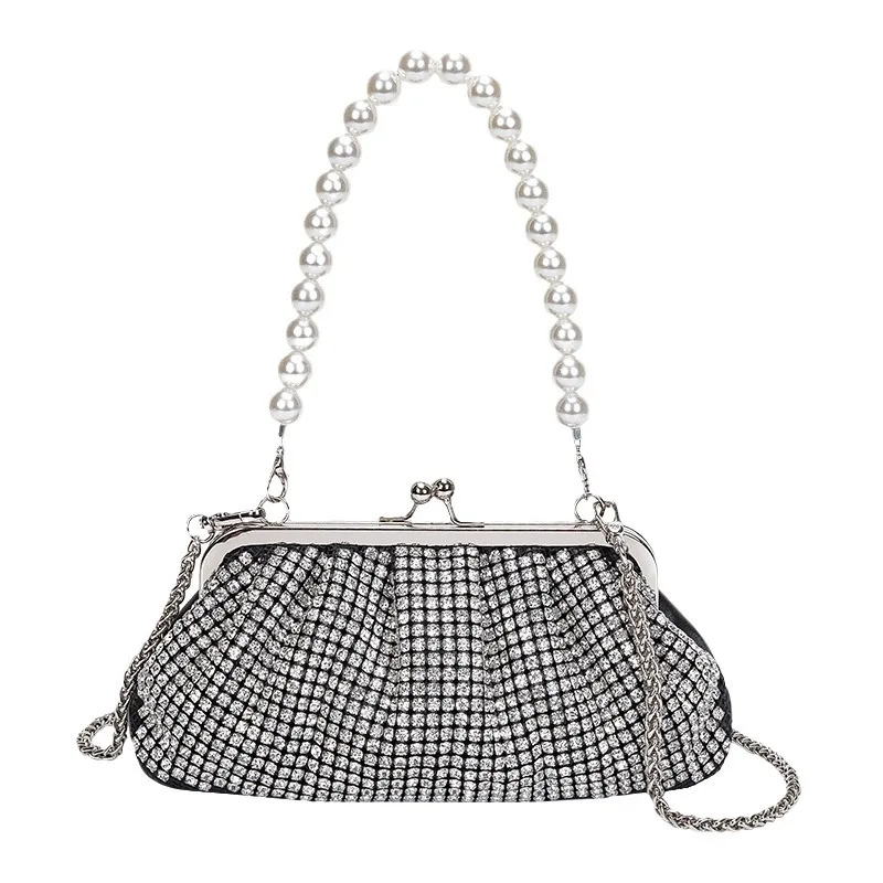 Shiny Diamond French Dinner Clutch Bag Foreign Style Diamond Clip Bucket Pearl Hand Messenger Bag Female Bolso Mano Mujer Verano