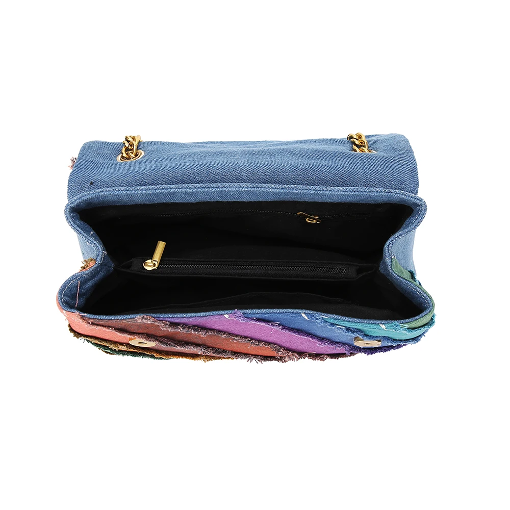 Fanshion-Bolsa colorida da senhora, jeans em bolsa de impressão, bolsa Jinting arco-íris cruz, patchwork Jean Bag, bolsa casual