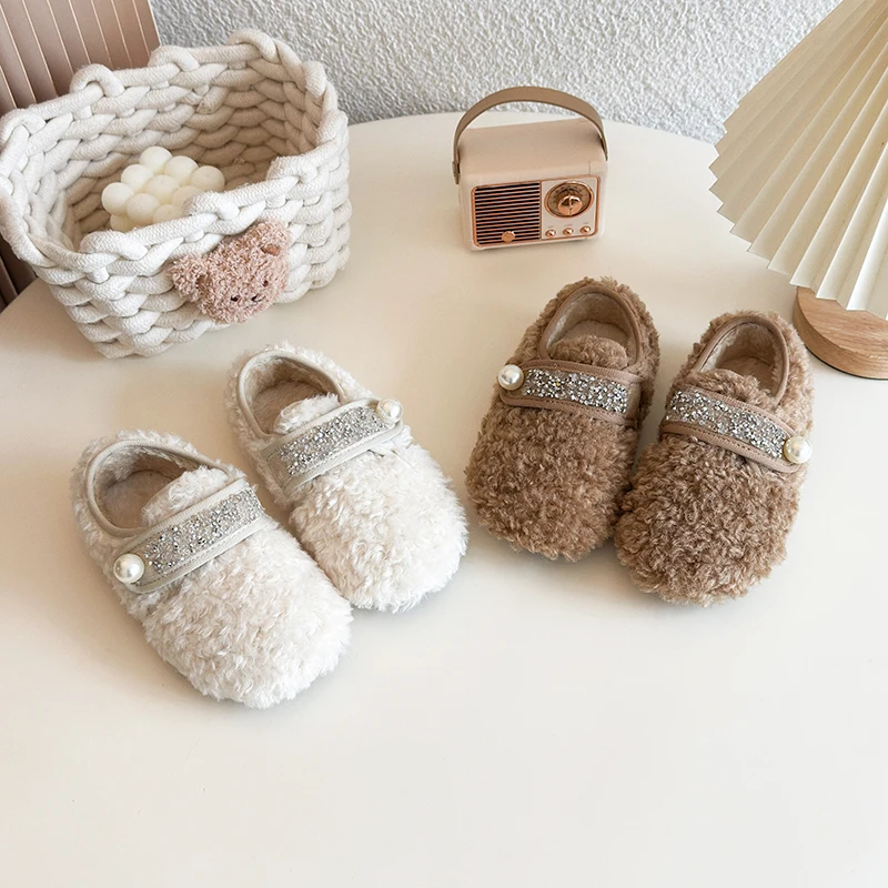 Girls Shoes Winter Toddler Kids Fashion Brand Princess Shoes Flats Children Warm Fur Pearls Soft Sole Kids Cotton-padded Shoes