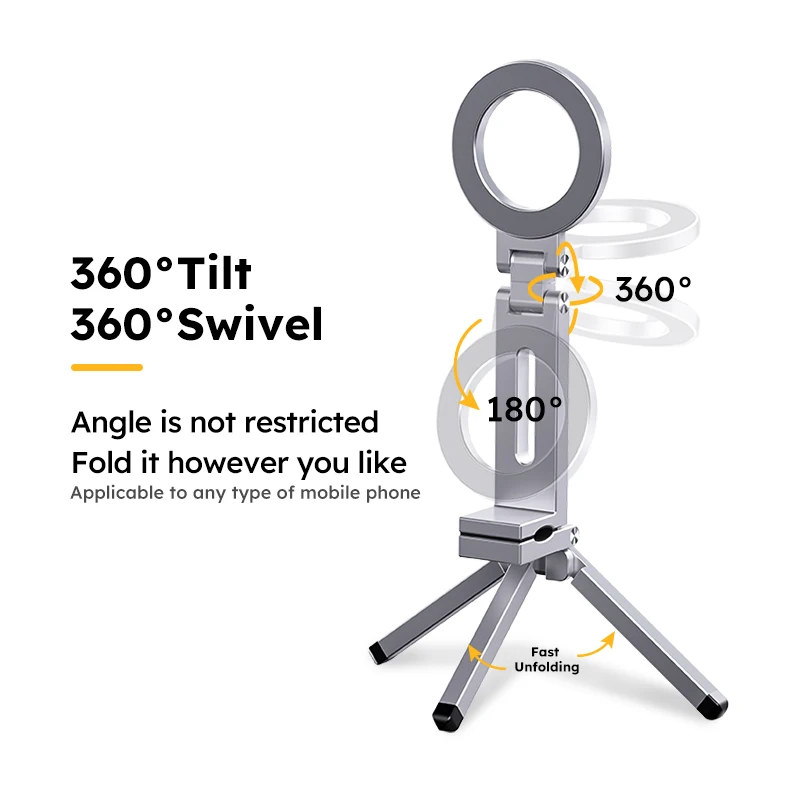 

Phone Holder Magnetic Stand for Magsafe 360° Dual-sided Rotating Selfie Portable Tripod Aluminium Mobile Holding for Travel Live