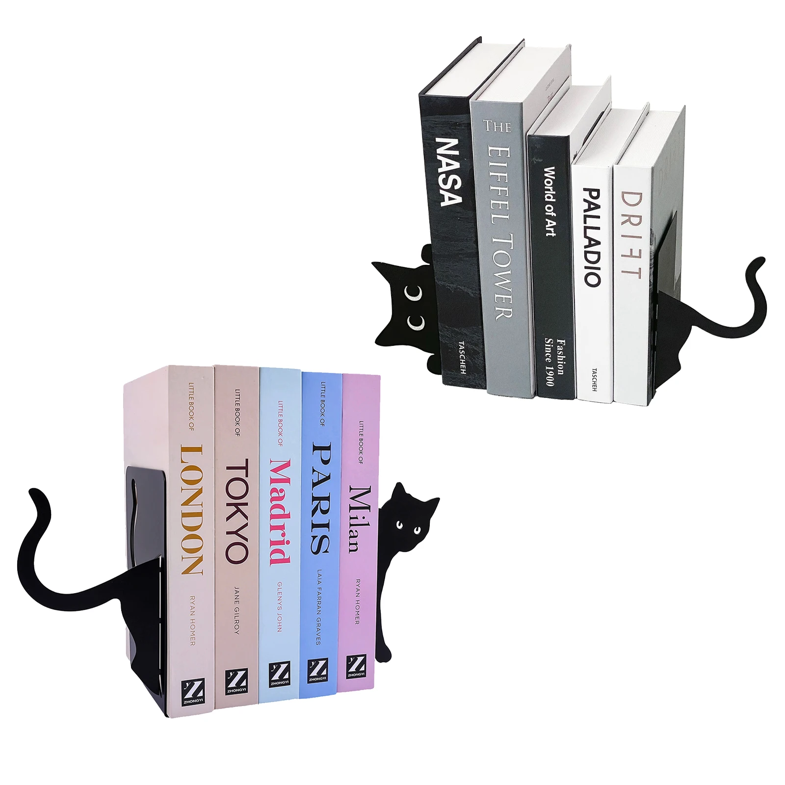Cute Black Cat Metal Bookends Adjustable Angle Decorative Book Stand Non Slip Sturdy Book Holder for Bookshelf Office Desk Decor