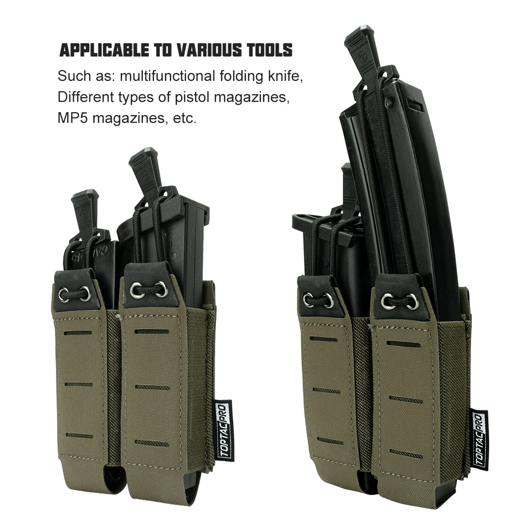 TOPTACPRO-Tactical Double Mag Pouch, Molle Open Top, Quick Draw, Leve, 9mm, 8526