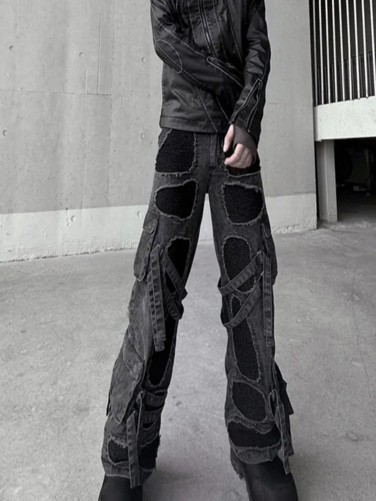 Asymmetric Lace-up Hole Patch Dark Jeans Trousers Niche Design Fashion Casual Pants Men