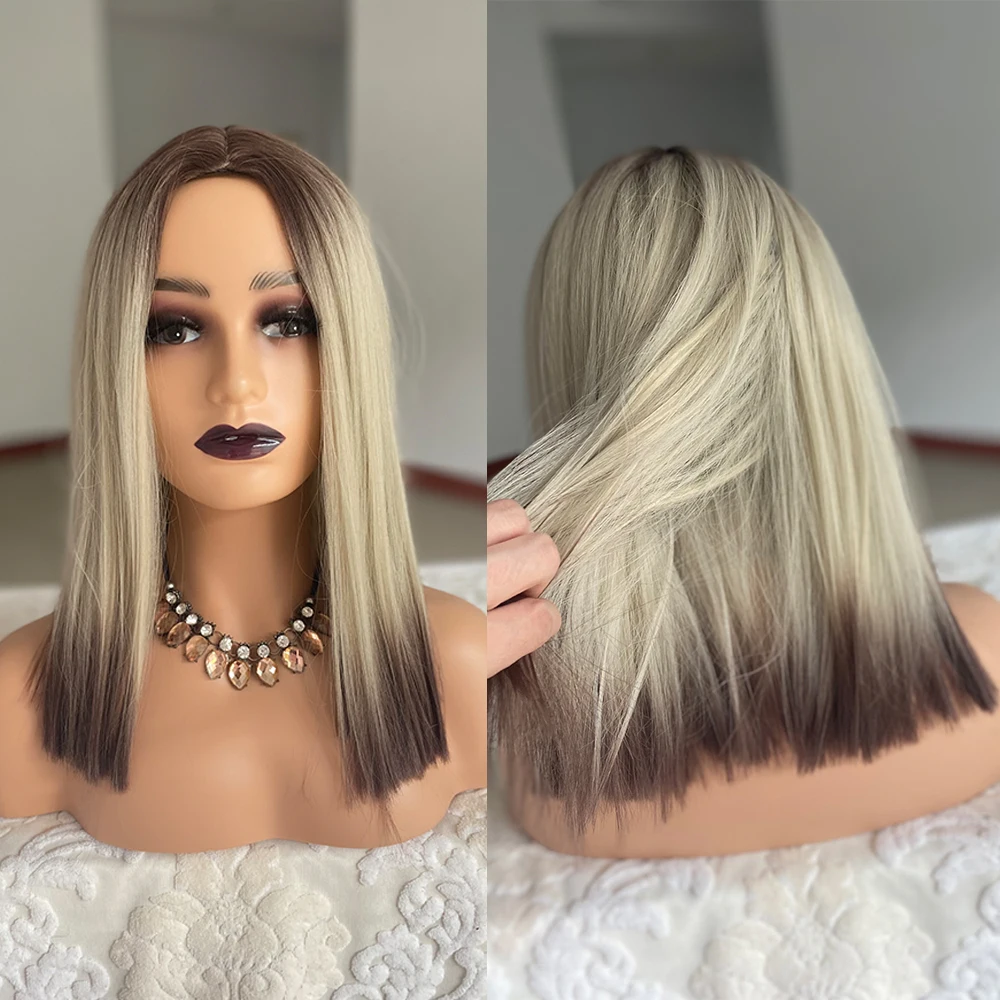 Short Straight Bob Wig Shoulder Length Middle Part Ombre Color Wig Heat Resistant Synthetic Gemini Hair Wig For Women Girls