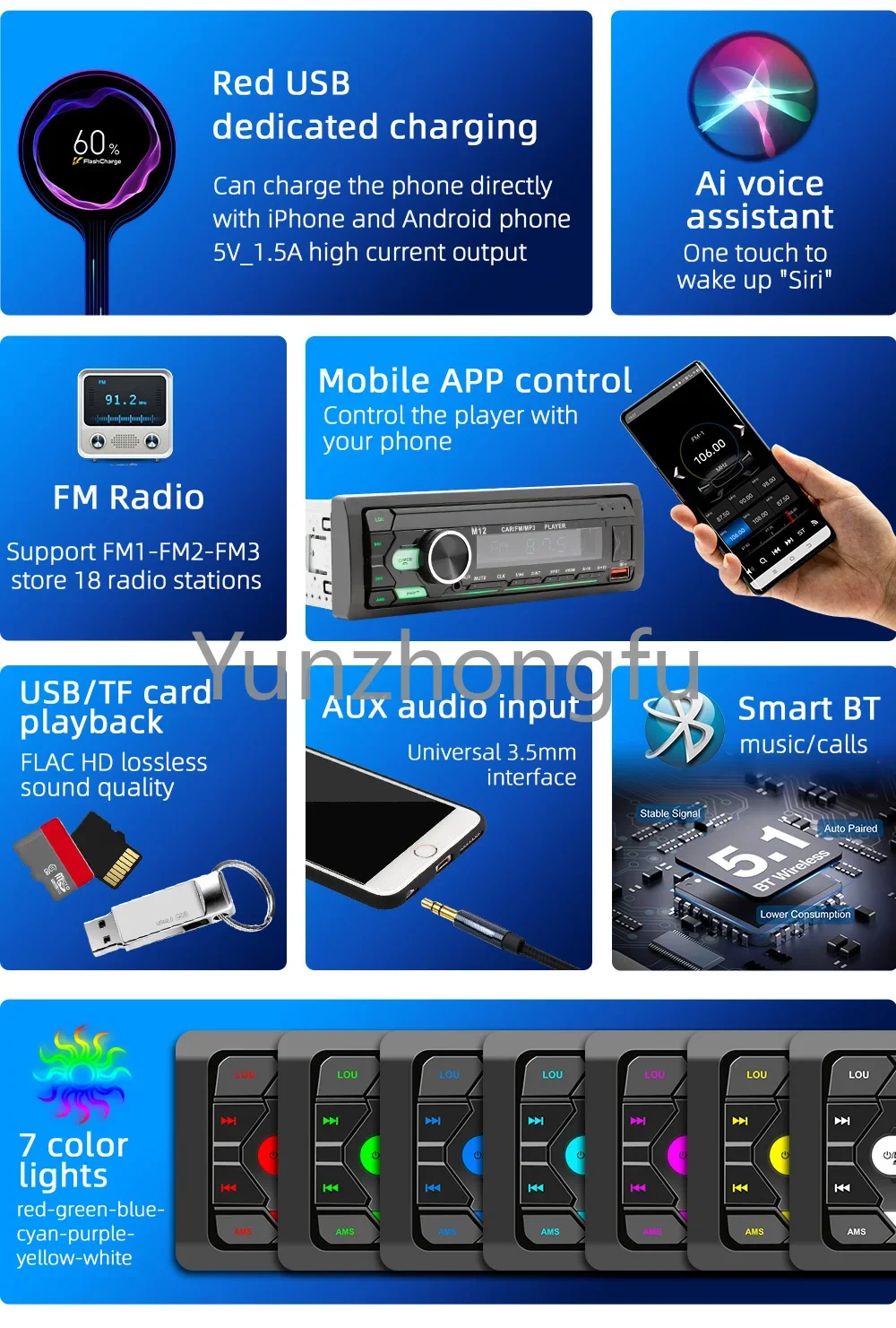 Car MP3 Player Stereo Autoradio Car Radio BT 12V In-dash 1 Din FM Aux In Receiver SD USB MP3 Player Voice Assistant