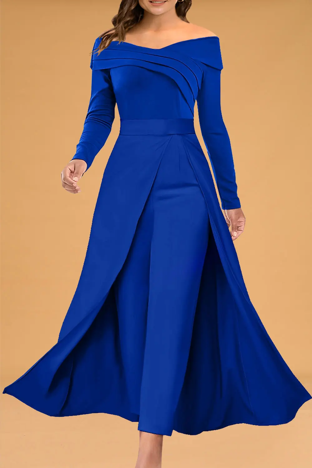 Women Plus Size Mother Of The Bride Blue Chiffon Off The Shoulder Pleated Double Layer Split Jumpsuit Elegant One Piece Set