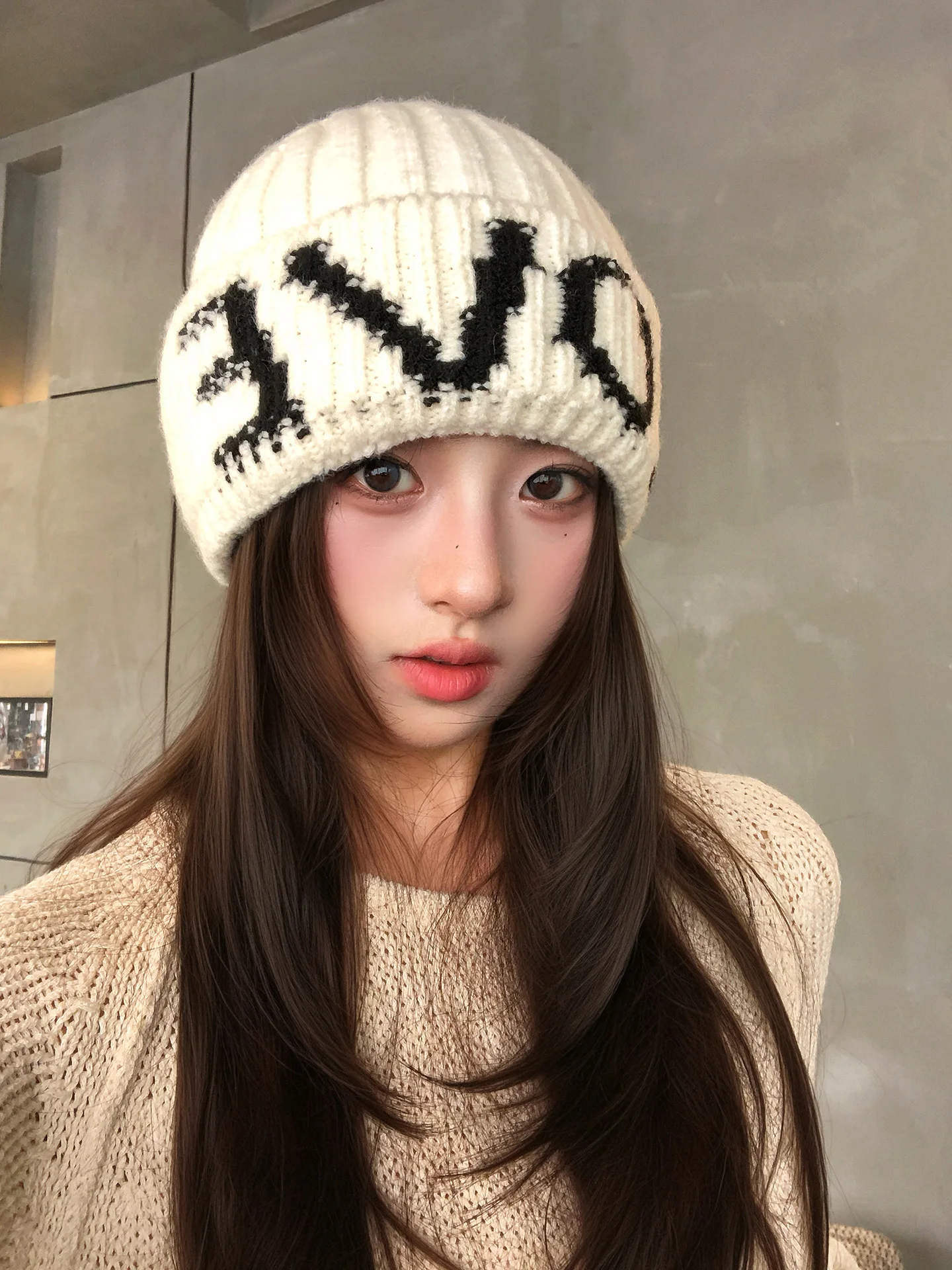 Korean Style Simple Letter Knitted Hat Women's Autumn Casual Versatile Bare Face Small Face Effect Cold Cap Large Head Size