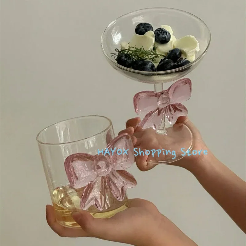 Pink Big Bow Glass Heat-resistant Coffee Cup Home Cute Cold Drink Ice Cream Cup Light Luxury Simple Glass Tableware Mug Gift