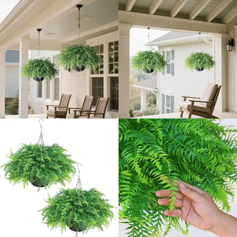 

Набор из искусственного папоротника Бостон, устойчивый к ультрафиолетовому излучению — 2 подвесных кашпо для наружного патио, сада и домашнего декора (зеленый)