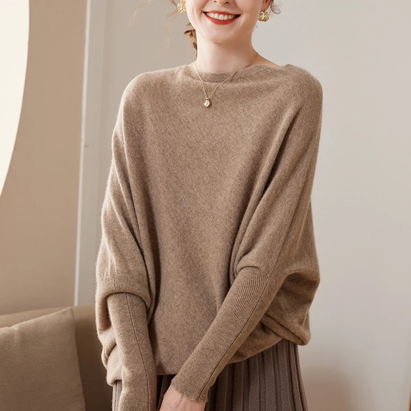 Birdtree, 35% Cashmere And 65% Wool Sweater, Women's One Neck Simple Bat Sleeve Loose Fit, 2024 Autumn/winter New Top T48016KE