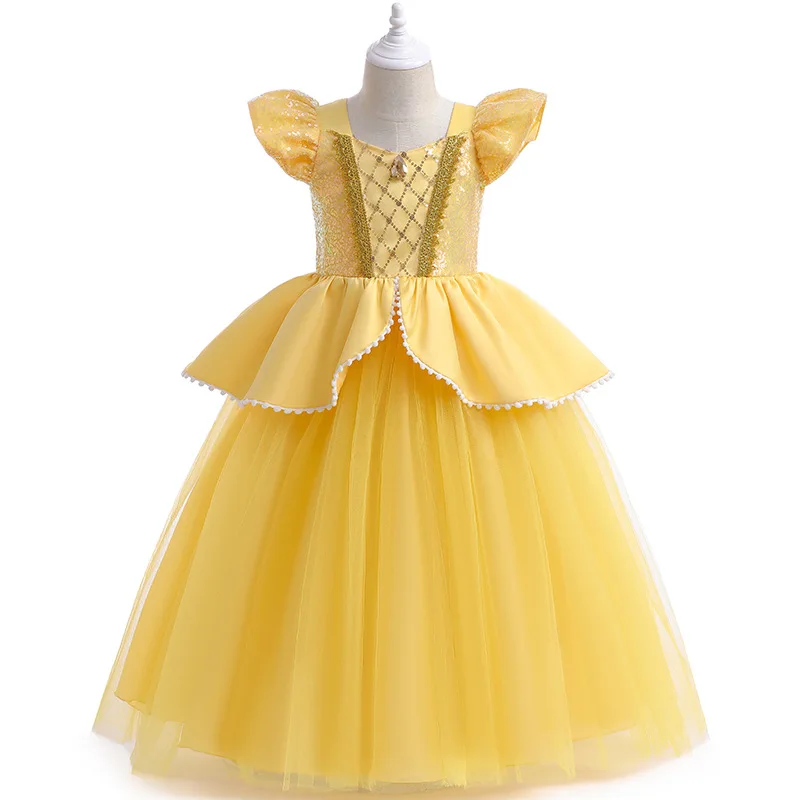 Beauty and the Beast Princess Belle Dress for Girl Halloween Children Cosplay Costume Sequin Princess Party Dresses Fairy Frocks