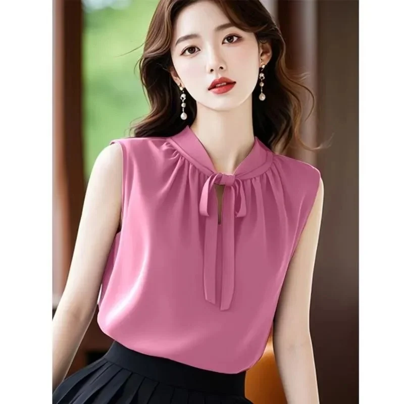 

French Women Fashion Chiffon Blousees Vest Summer Ladies Bow Blouse Waistcoat High-grade Female Solid Color Sleeveless Shirts