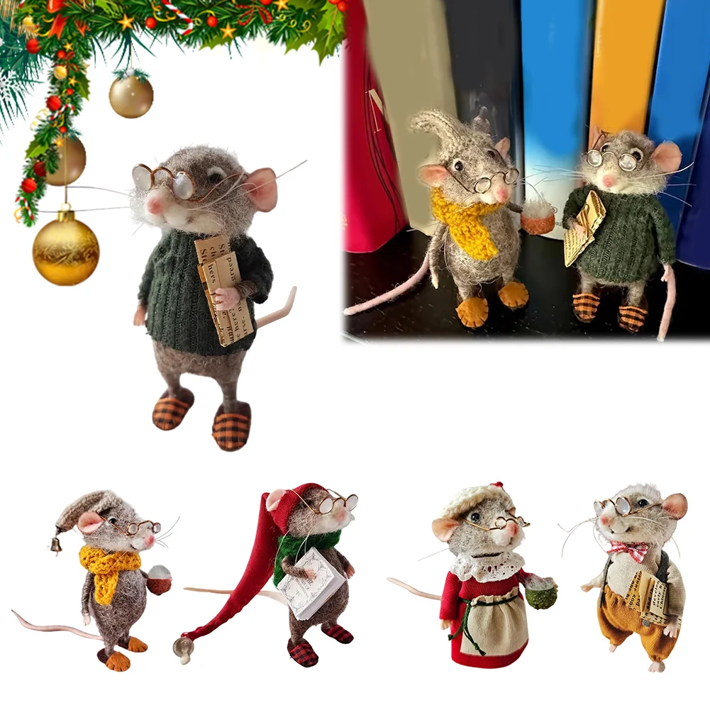 DIY Handmade Wool Felted Cute Needle Mouse Doll Christmas Needle Felting Mice Craft Toy Ornaments for New Year 2025 Xmas Decor