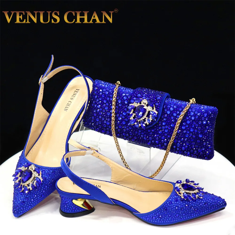 Venus Chan Royal Blue Sandals for Women 2024 Luxury Wedding Pumps Med Heels Rhinestone Design Party Shoes and Bags Set