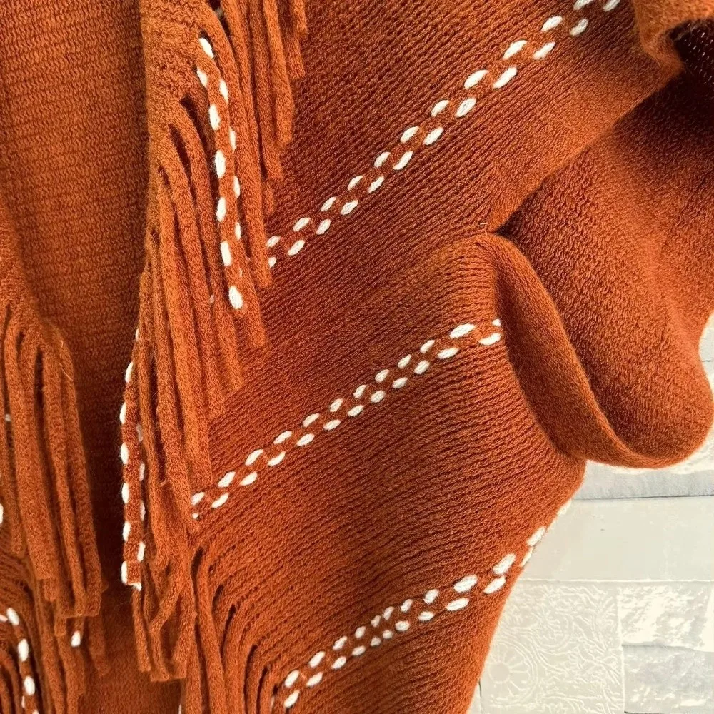 

New Fringe Women's Shawl Mid-Length V-neck Knit Shawl Loose Fit Soft Wraps Scarf Coat Spring Autumn