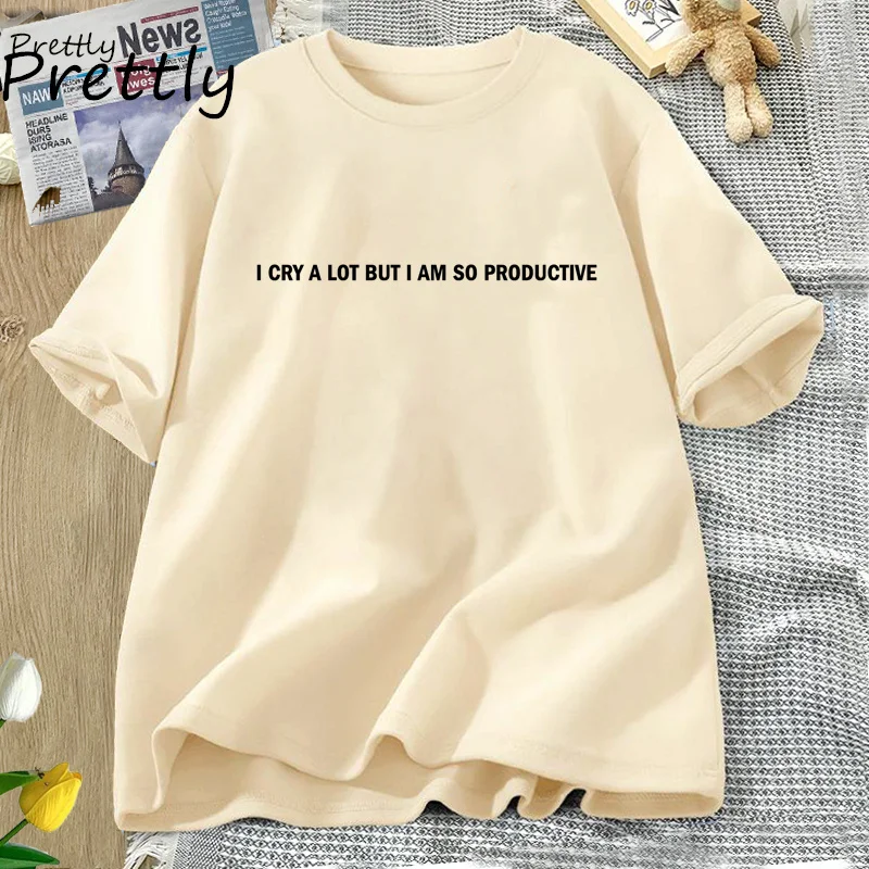 

I cry a lot but I am so productive t-shirts oversized short sleeve tee shirt funny Mental Health t shirt cotton music tshirt