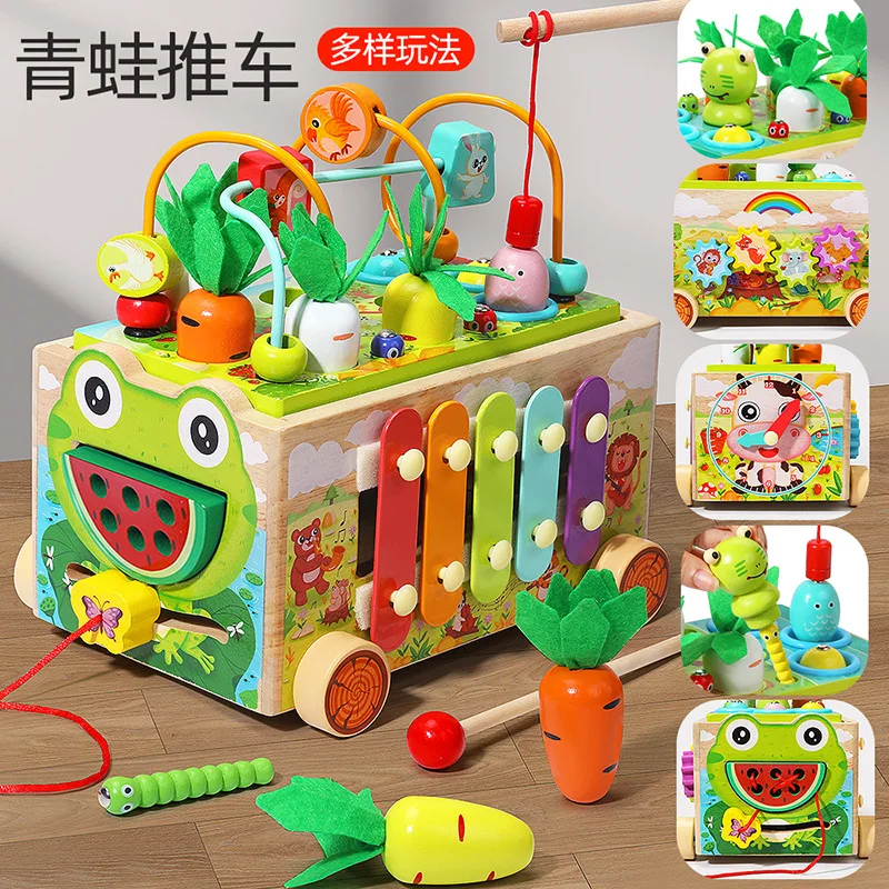 

Children's multifunctional hand-painted frog cart with round beads and piano playing block shapes paired with wooden toys for bo