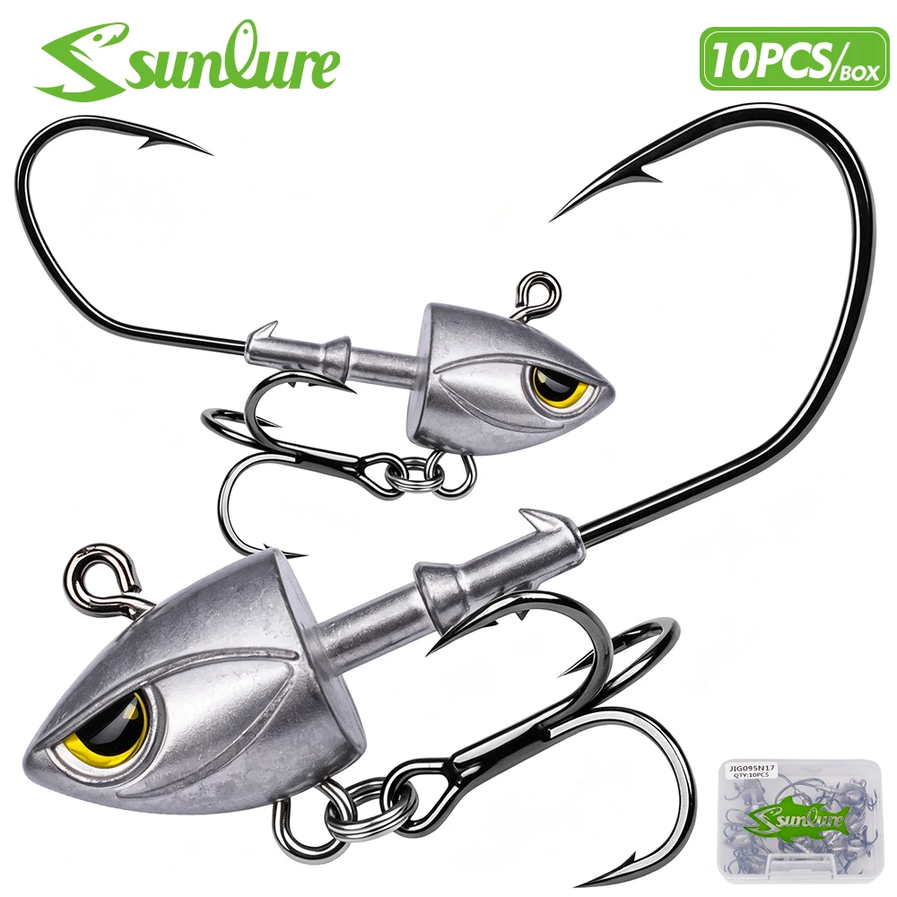 Sunlure 10PCS/Box 3D Simulated Fish Eye Jig Lead Head Hooks Double Rings High Carbon Steel Barbed Saltwater Bass Fishing Hooks