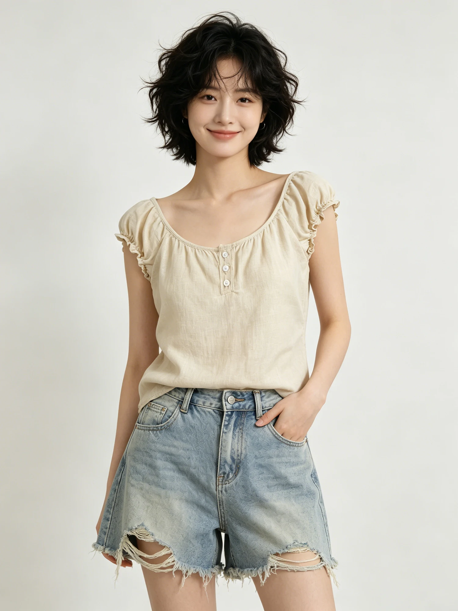 Trendy Bubble Sleeve Square Collar T-Shirt Women's Summer New Design Beautiful Top Korean Style Straight Cut Pure Color Linen...