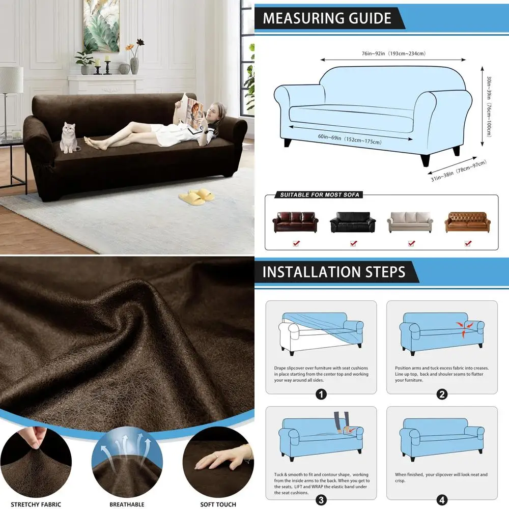 

3-Seater Leather-Style Sofa Cover with Stretchable Fit, Elastic Bottom & Pockets for Sofa and Coffee Protection