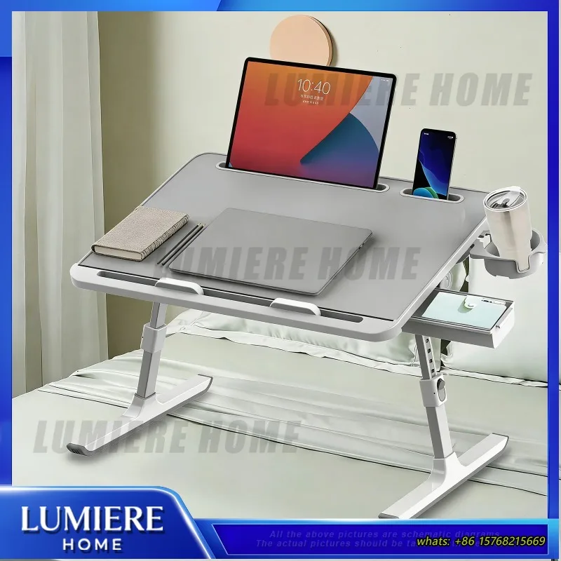 折りたたみ式ベッドテーブル、8段階高さ調整可能、ベッドサイド用ラップトップデスクトレイスタンド、カップホルダーと収納付き
