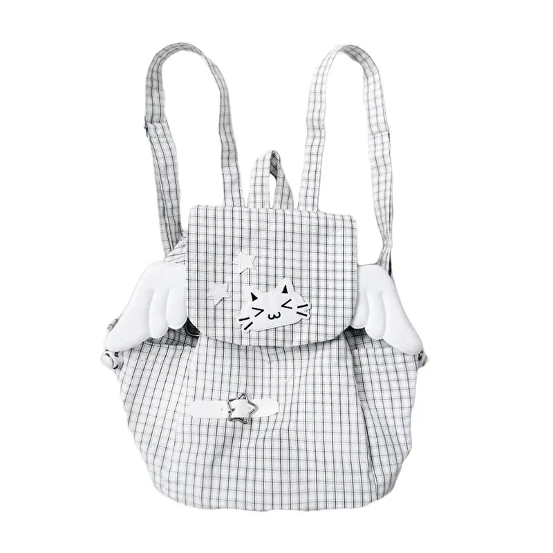 DoLife Store Y2K 2026 New Cute Wings Backpack Little Angel Cat Drawstring Belt Plaid Backpack Home Subculture
