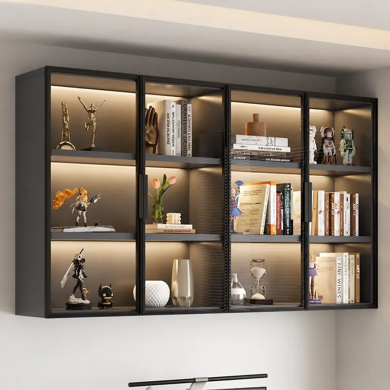 Glass Wall Mounted Display Cabinet Hanging Shelf for Kitchen Living Room Bookshelf Storage Organizer Home Decor Furniture