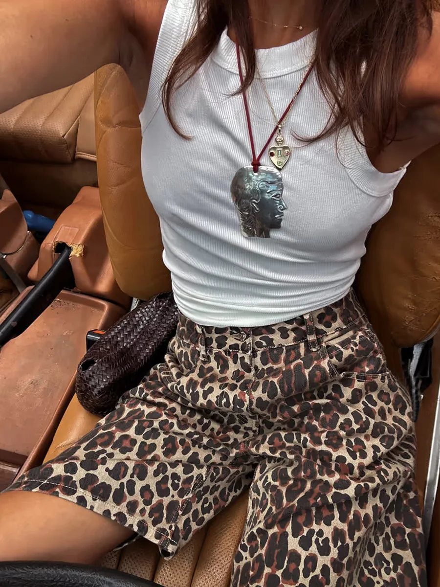 DriftWear Loose Wide-legged Short Pants Leopard Button Jeans A-line Short Trousers Causal Fashion Street Style Pants For Women