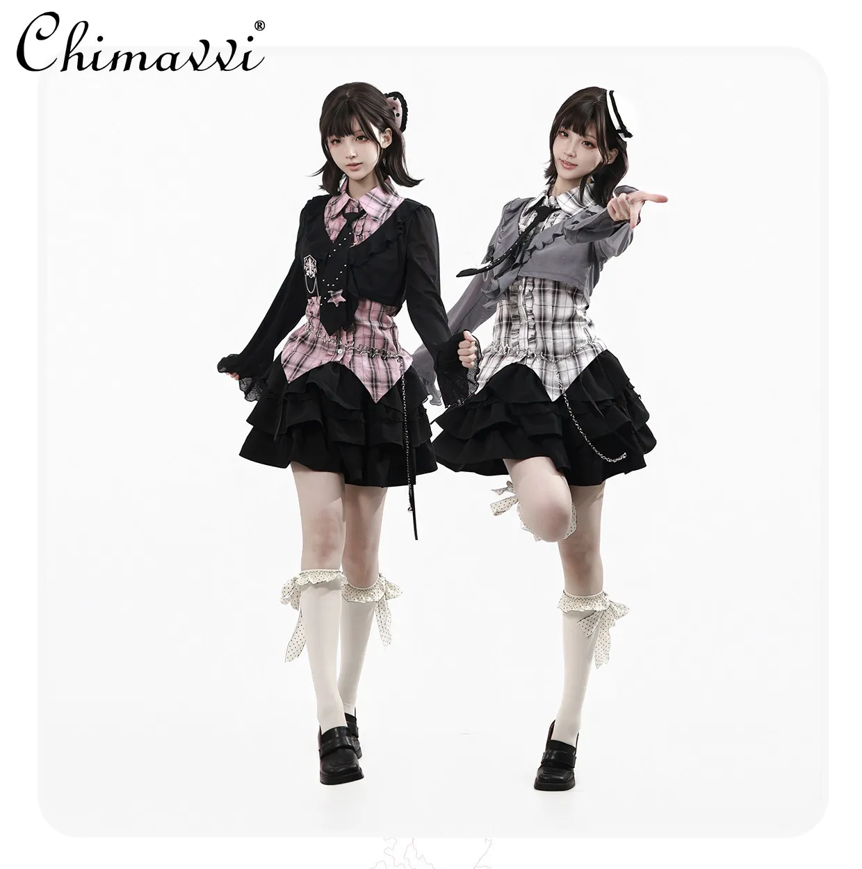 

Spring and Summer New Japanese Style Sweet Knitted Lace Sun Protection Sleeveless Waist-tie Plaid Shirt Tie-up Cake Skirt