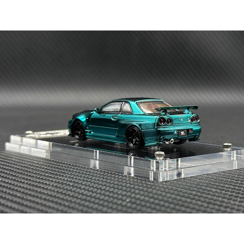 TM In Stock 1:64 Skyline GTR R34 Z TUNE Chrome Green Carbon Hood Diecast Diorama Car Model Time TOP Micro