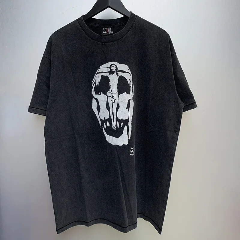 24ss Summer SAINT T-shirt Men Woman High Quality Wash Black Skull Pattern Printing High Street Loose O-Neck Tops Tee