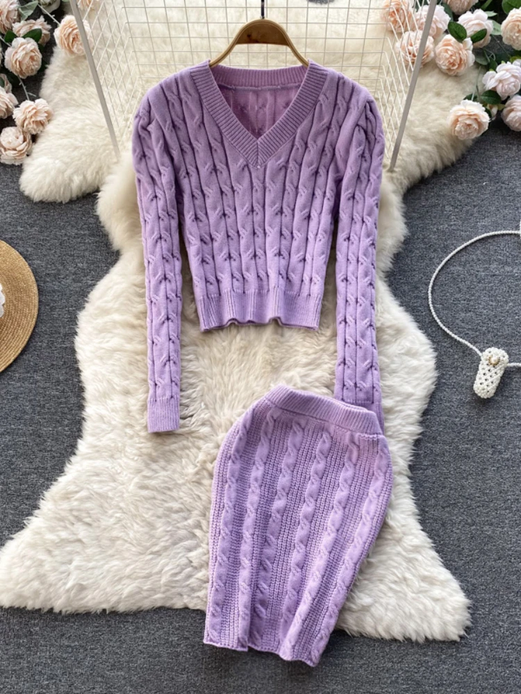 

Autumn/winter Women Crochet Knitted Sets Slim Pullover Sweater & Sheath Mini Pencil Skirt Ladies Casual Urban Knitwear 2pcs Set