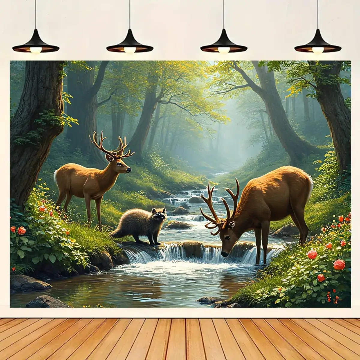 Deer Forest Stream Wall Mural 2D HD Printing Nature Wildlife Art Landscape Decor Home Interior Design Living Room Wallpaper