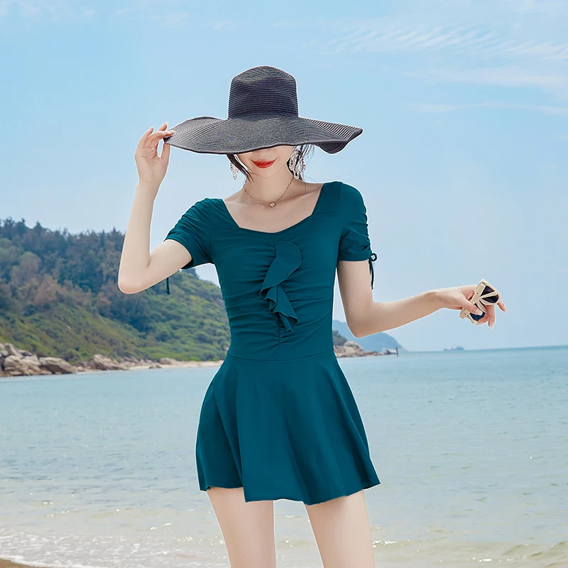 Large Size Swimwear Skirt Lacing Sexy Thin Fashion Solid Color Short Sleeve One Piece Swimsuit Womens Oversize Dress Vacation