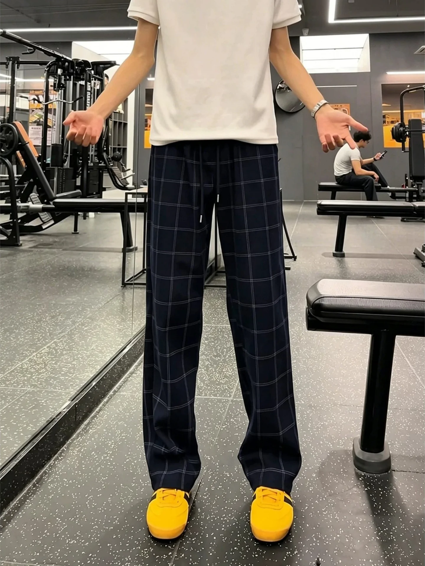 American Style Slim Fit Plaid Pants Men's Trendy Vintage Checkered Casual Pants Straight Leg Long Trousers Dark Blue