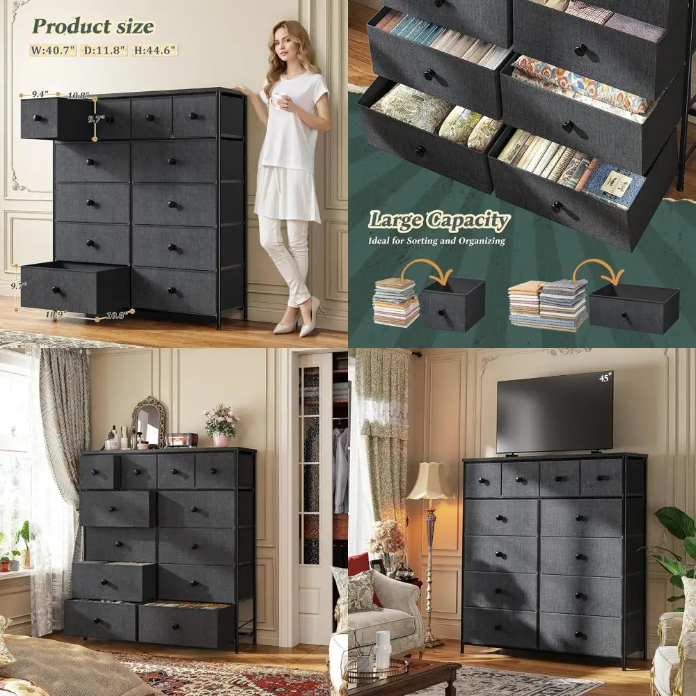 

Bedroom Storage Dresser with Fabric Drawers, Metal Frame, Wood Top, Dark Grey Finish