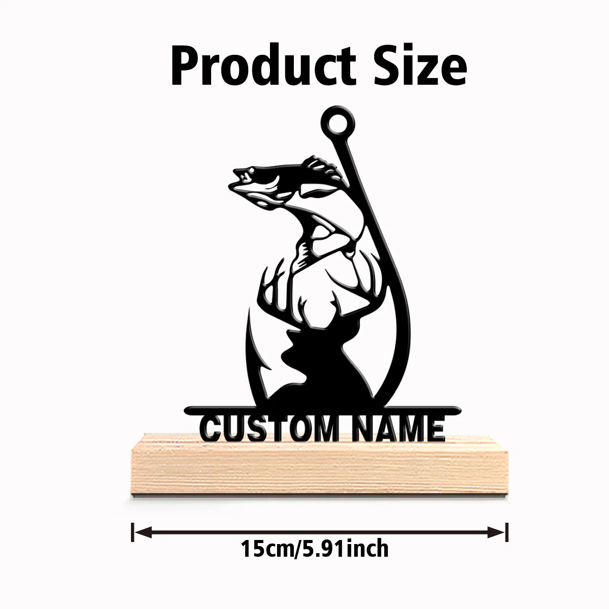 1pc New Design Personalized Custom Deer,fish,and fishing hooks Metal Art With Wooden Base Tabletop Decoration Natural elements