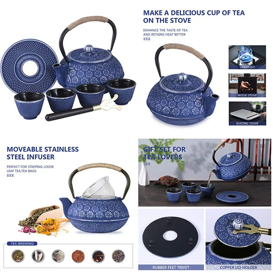

Cast Iron Teapot Set Japanese Style Tetsubin Tea Kettle with 4 Cups, Stainless Steel Infuser for Stove Top Tea Brewing 28 oz
