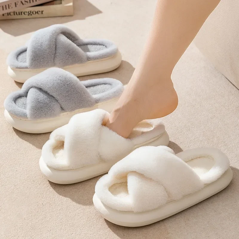 

New Furry Slippers Women's Autumn and Winter Outer Wear Home Indoor Thick Bottom Warm Plus Fleece, Plush Cotton Slippers